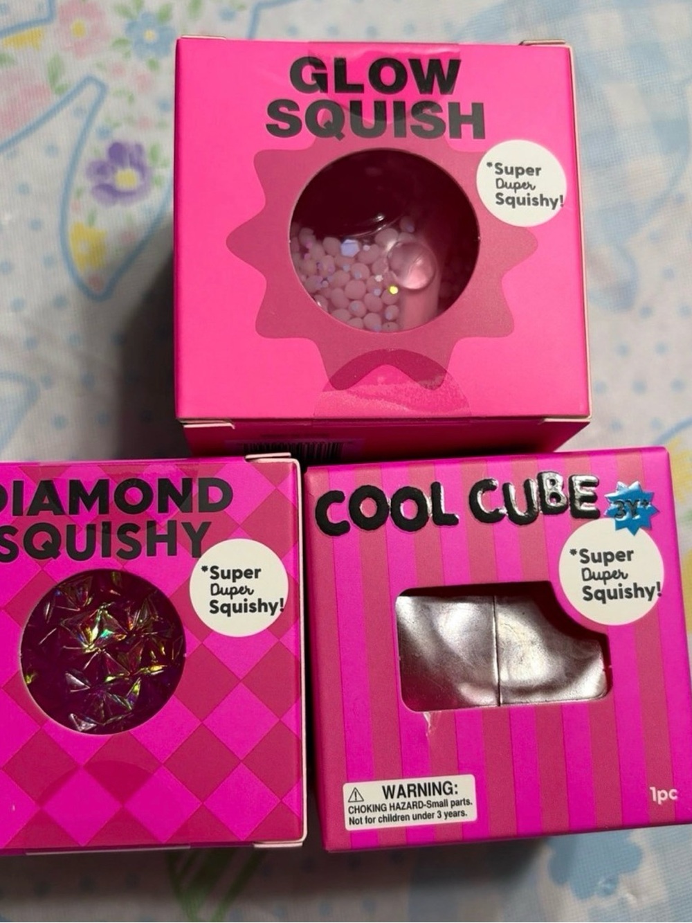 J’adore Pink Squishy squeeze Toy Trio - Glow Squish, Diamond Squishy, Cool Cube